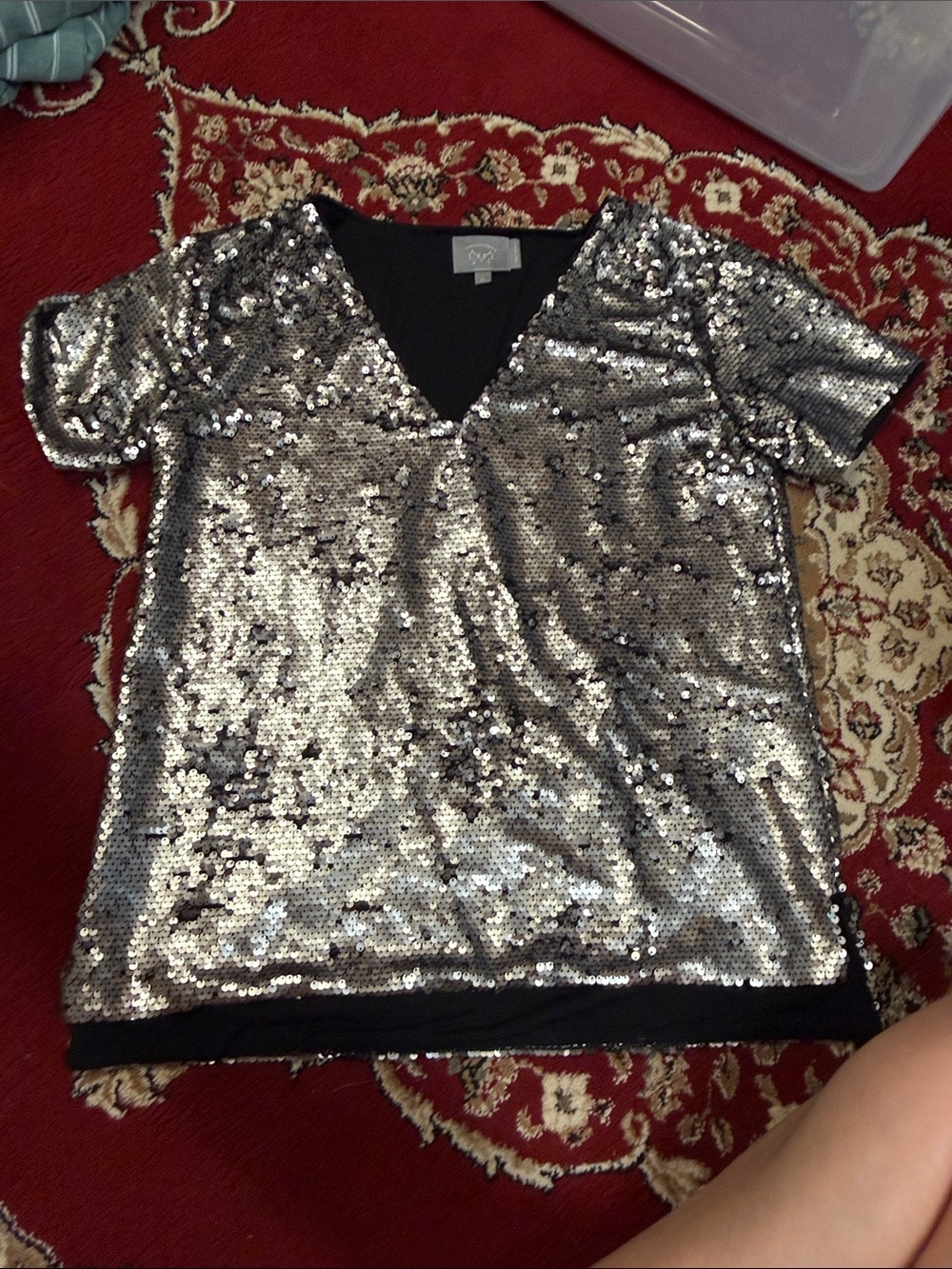 Womens Vanessa Virginia for Anthropologie Silver Sequin V-Neck Top